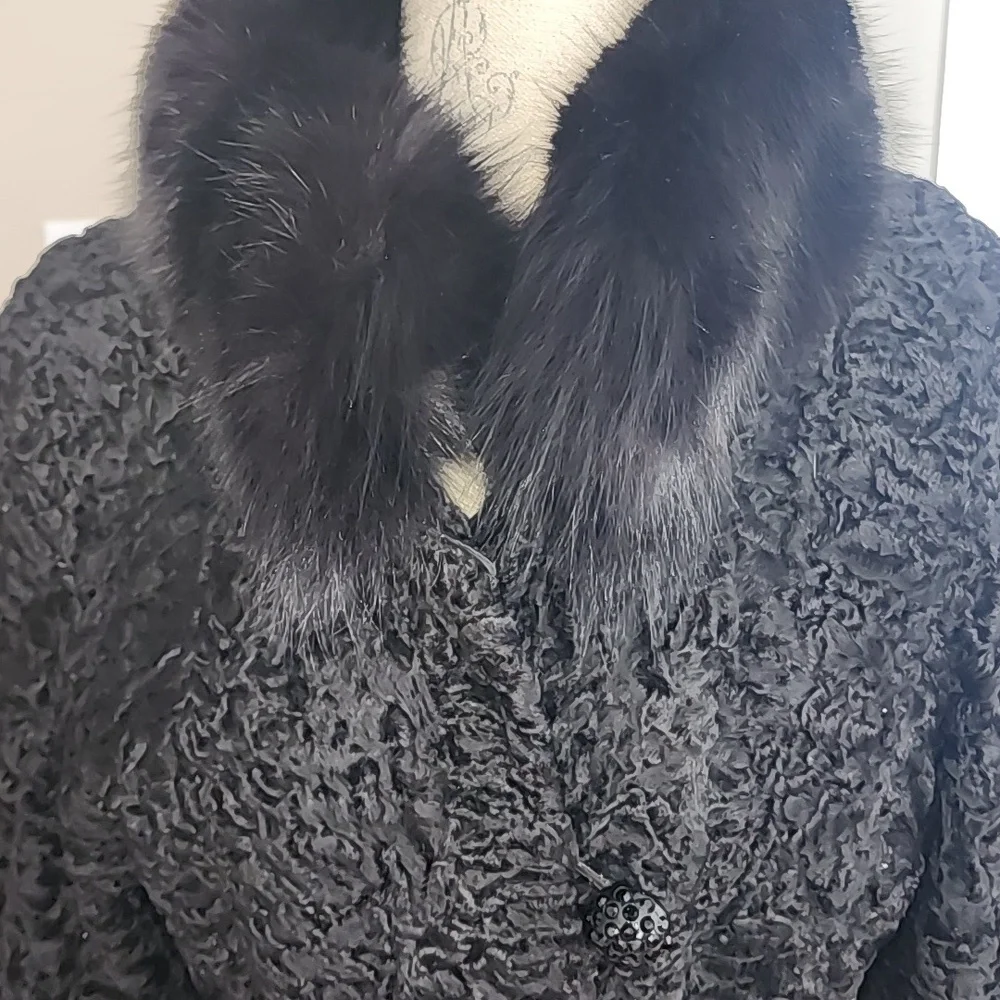 VINTAGE REAL FUR PERSIAN LAMB FOX FUR COLLAR LINED COAT EUC - Picture 4 of 15